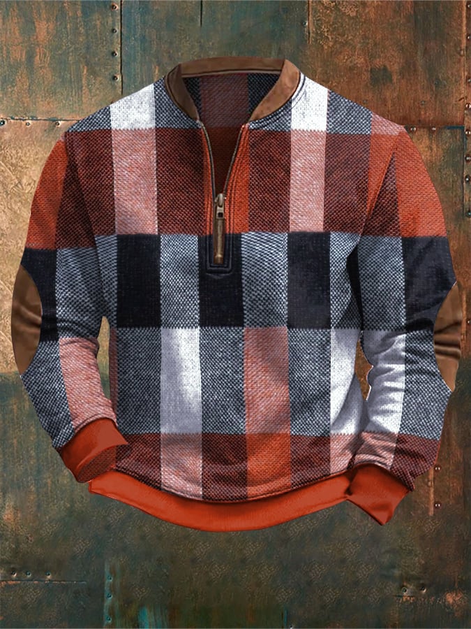 Sudadera retro Western texturizado estampado cierre Neck tejido para hombre