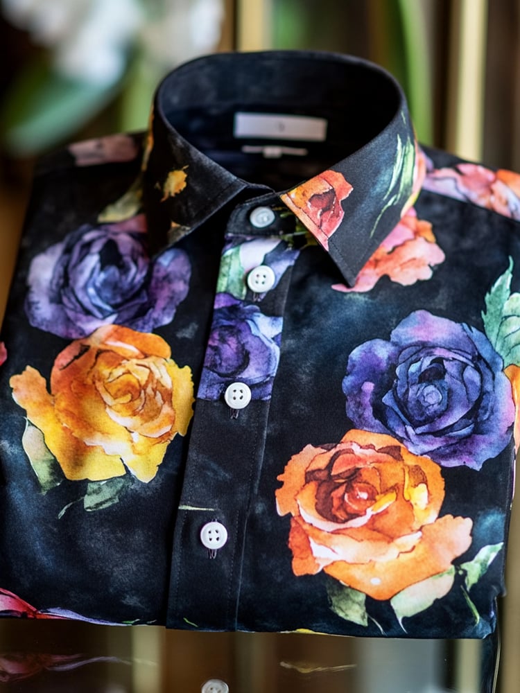 Camisa ejecutivo casual Watercolor Flower solapa de manga corta para hombre