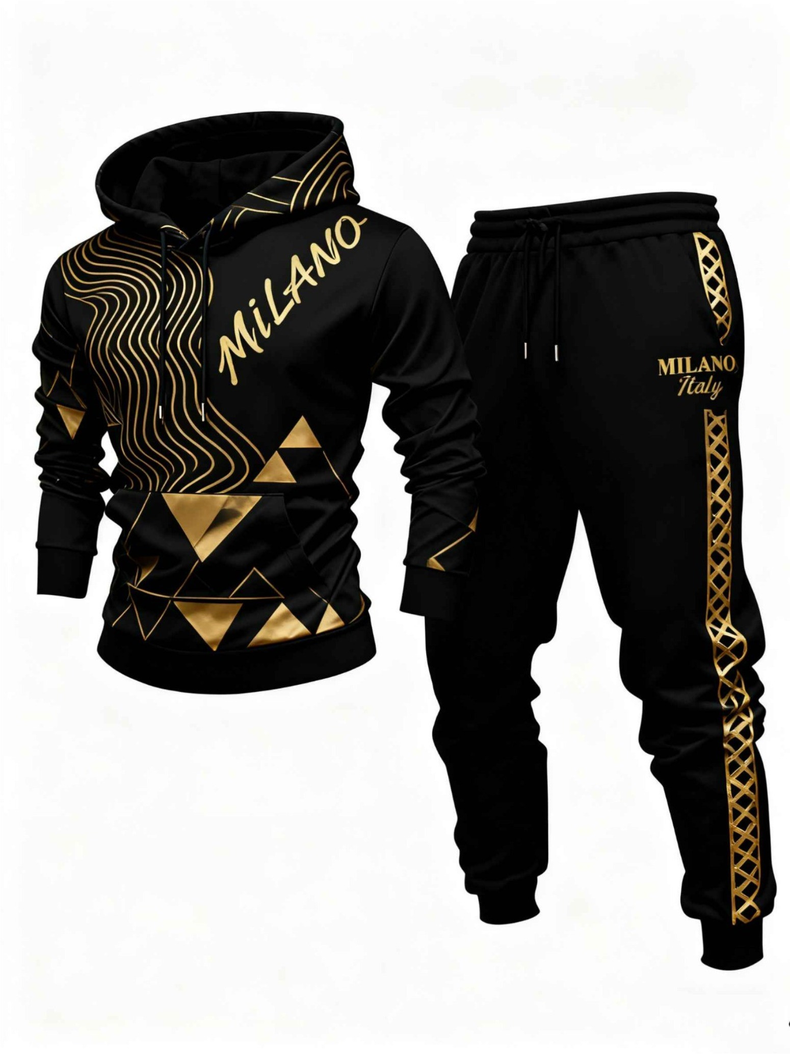 para hombre casual Black & Gold Color Matching Geometric estampado sudadera con capuchas de manga largad Sweacamisetas & Sweatpantalón conjunto de dos piezas