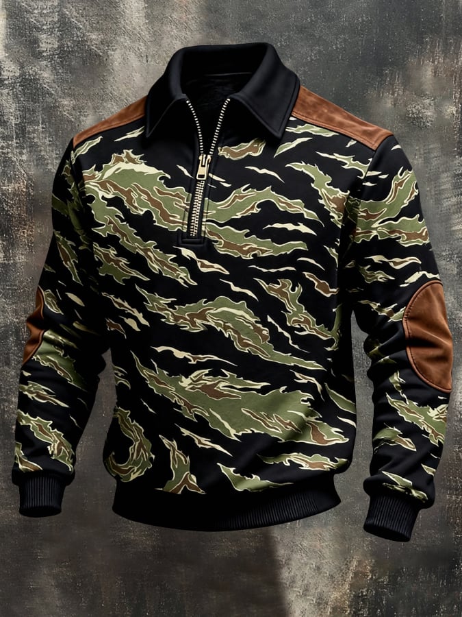 Sudadera retro en bloques de color estampado Color-Blocked con cierre para hombre