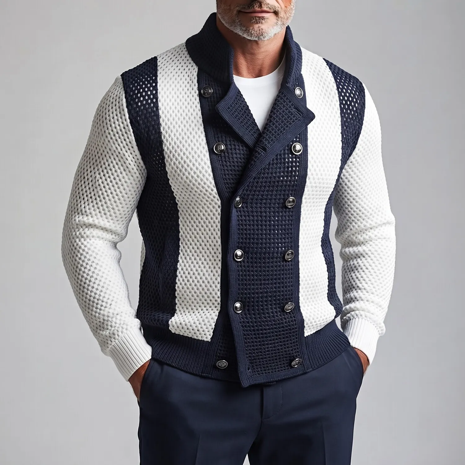para hombre Colorblock Stand Collar Double-Breasted Mesh Hollow Out Cardigan