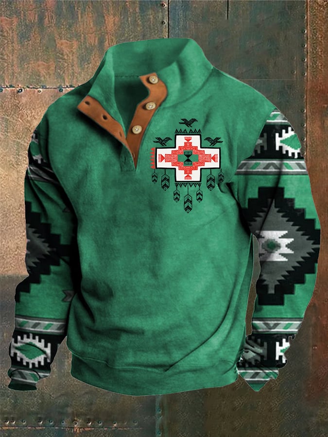 Sudadera Western Style estampado Stand cuello Button para hombre
