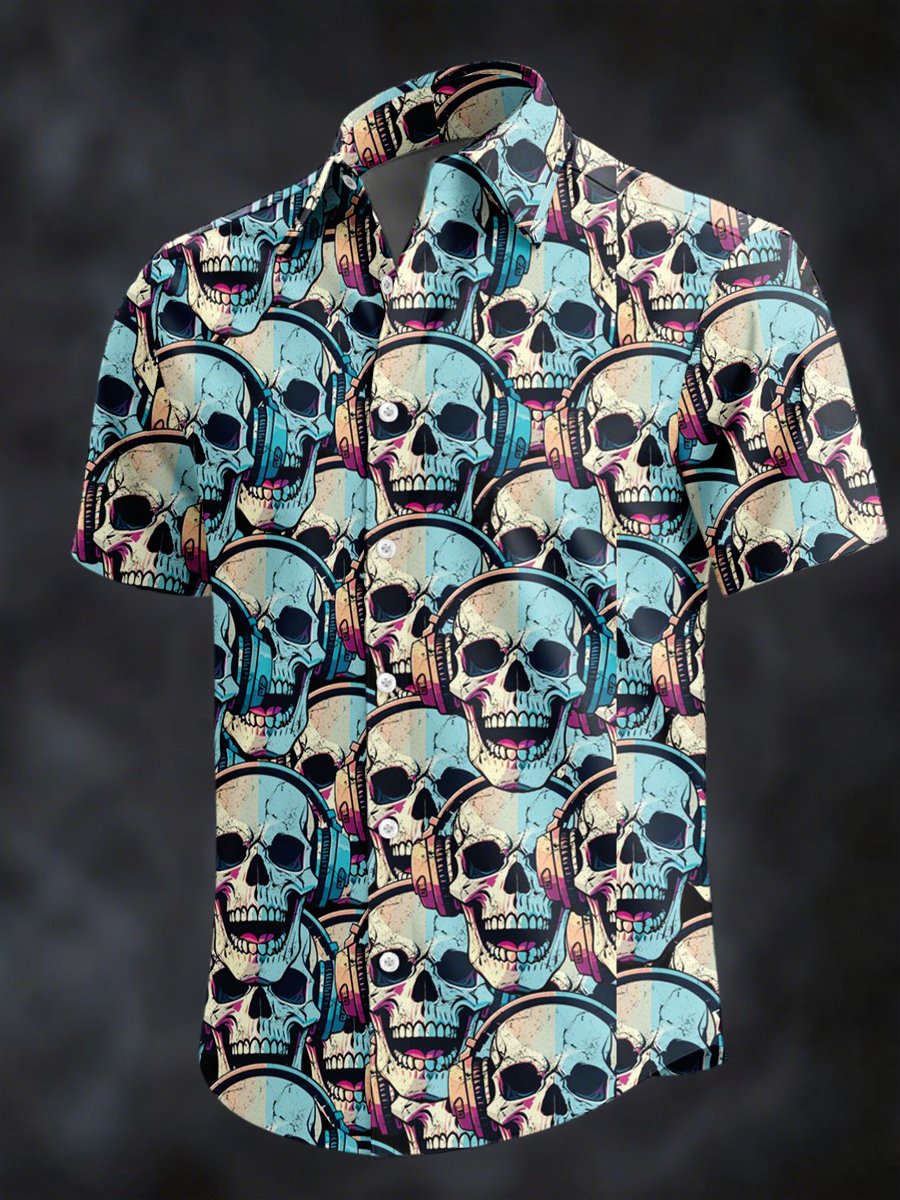 Camisa retro Horror Skull estampado solapa de manga corta para hombre
