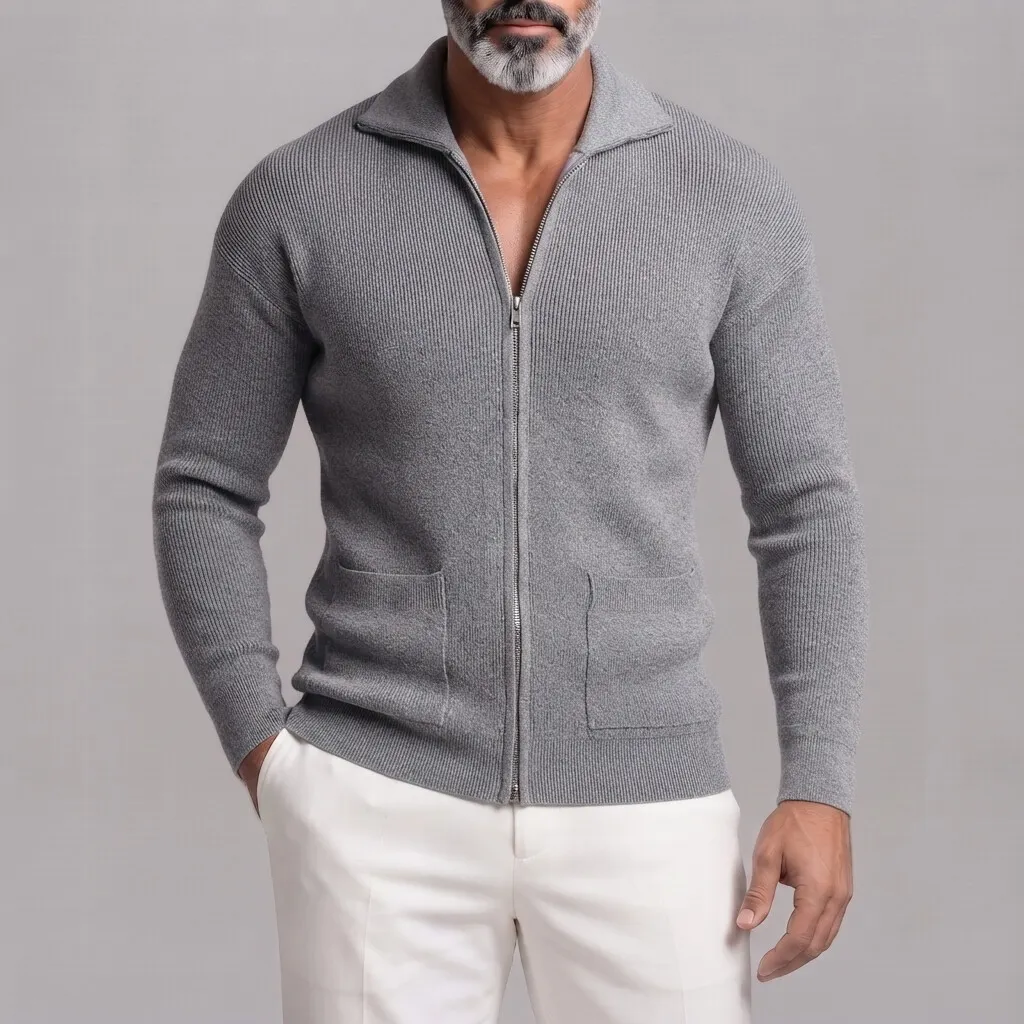 para hombre Gray Ribbed tejido Patch Pockets de corte entallado Full Zip Cardigan
