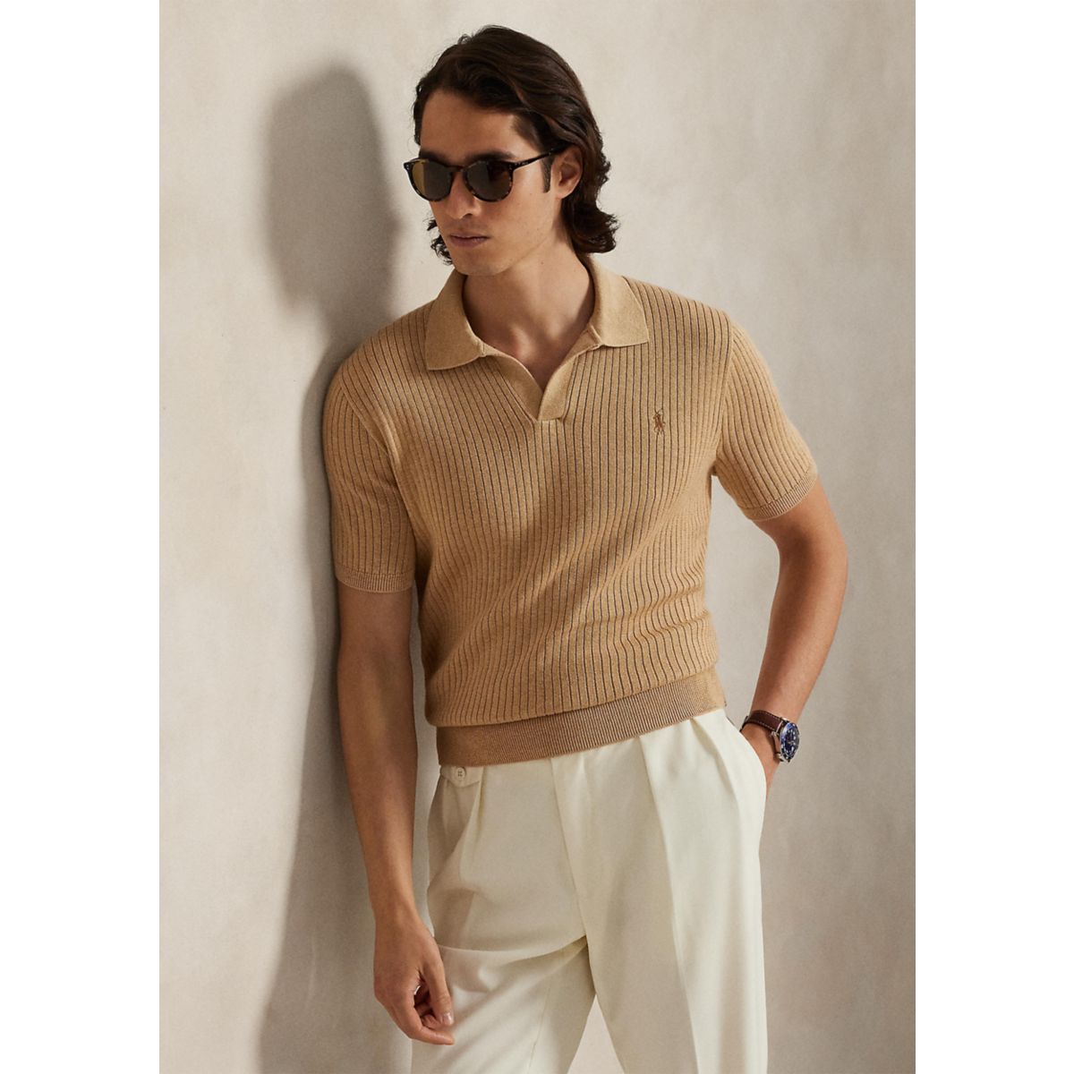Men's Rib-Knit Cotton Johnny-Collar Sweater - 1