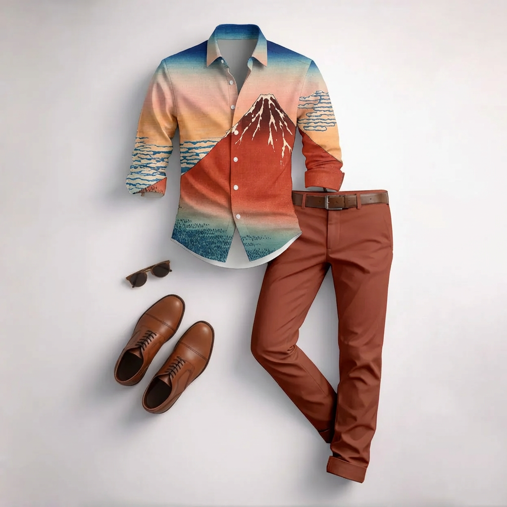 Conjunto de dos piezas casual Red estampado de manga larga camisa And Trousers para hombre