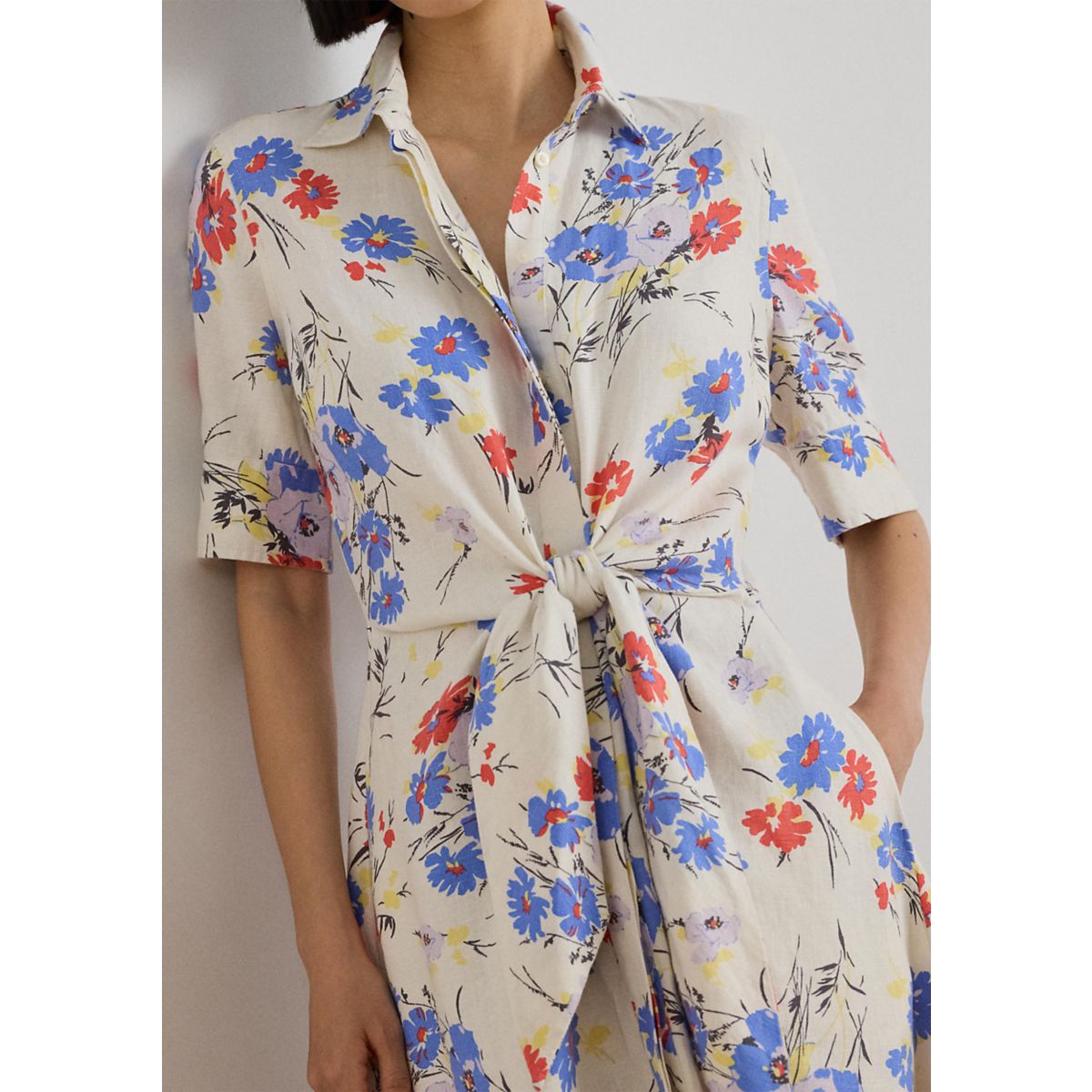 Petite Floral Tie-Front Linen Shirtdress - 3