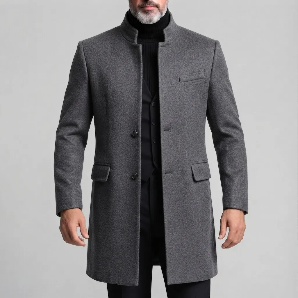 para hombre Smart casual Solid Stand Collar Single Breasted de manga larga Mid Length Woolen Coat