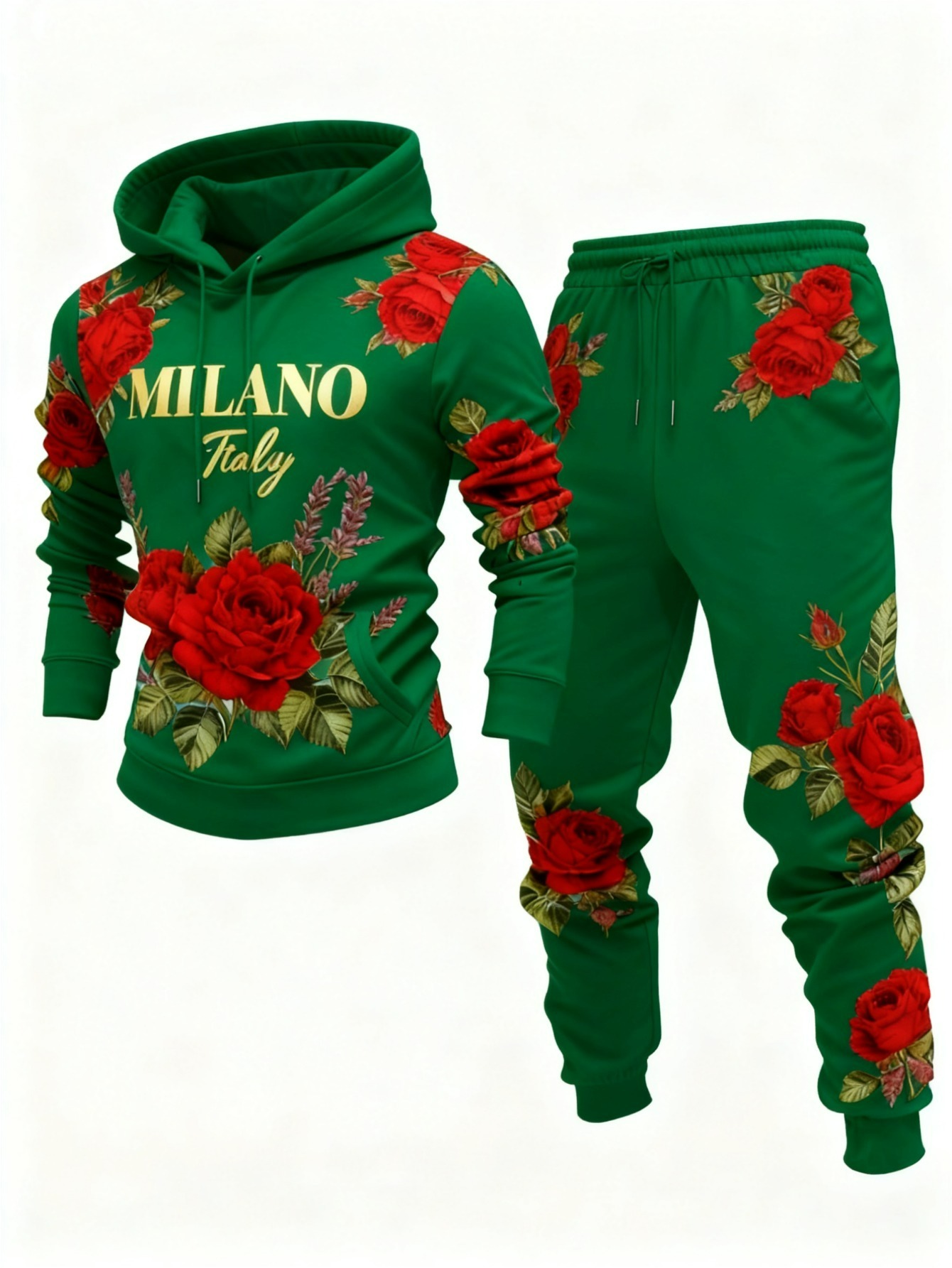 Conjunto de dos piezas casual Green & Red Rose estampado sudadera con capuchas de manga larga sudaderas & Sweatpantalón para hombre