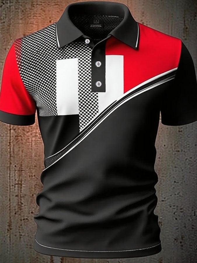 Camisa polo casual clásico Contrast Color estampado ejecutivo de manga corta para hombre