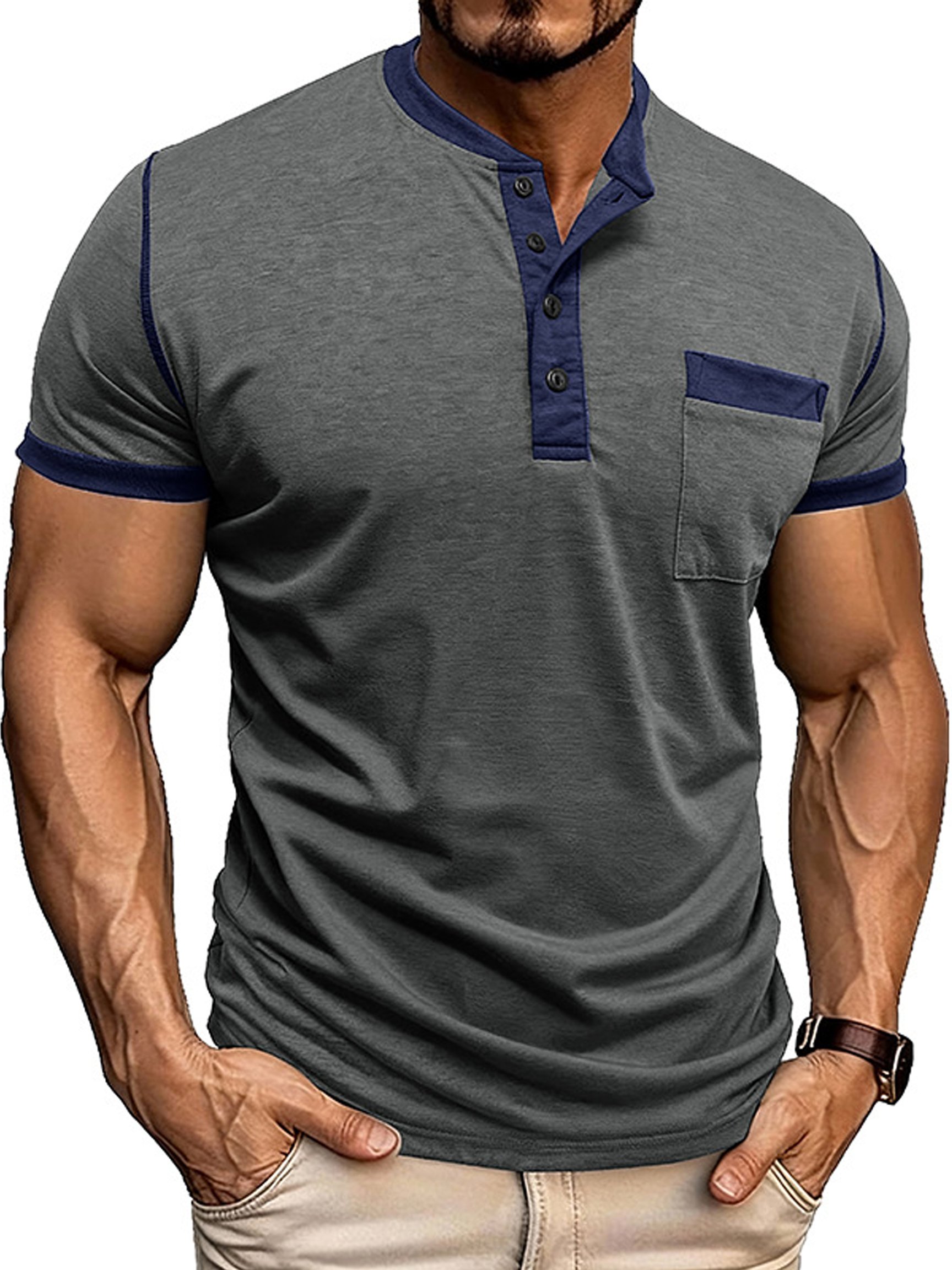 Camiseta vintage Comfortable Henley Neck de manga corta para hombre