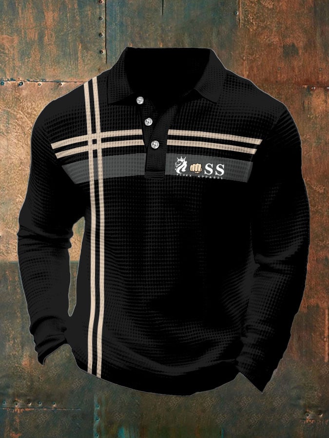 Camisa polo retro Lettering Design Waffle Fabric de manga larga para hombre