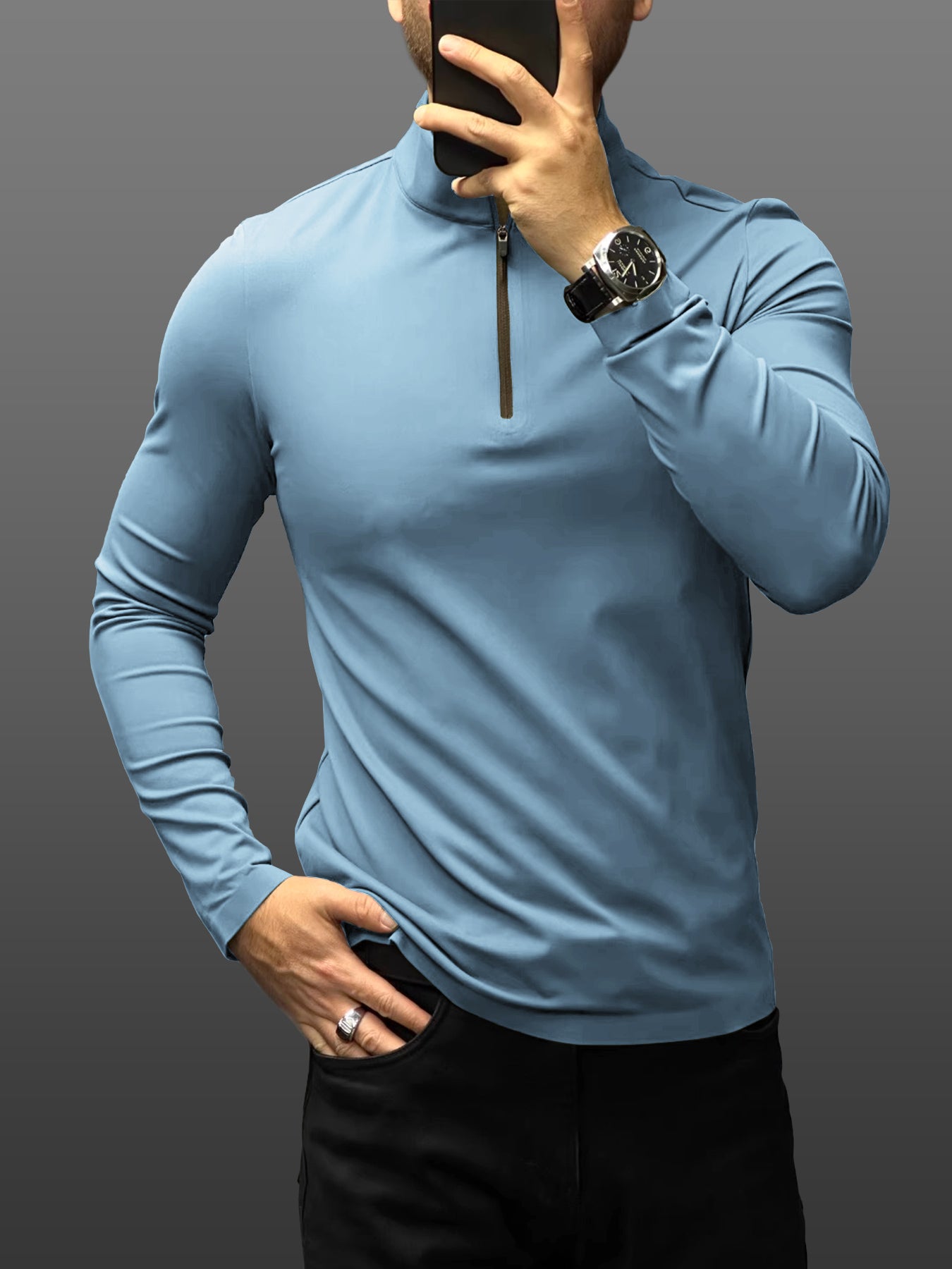 SmoothBlend de corte entallado Half Zip Mock Neck Tee: Zip Contrast Color