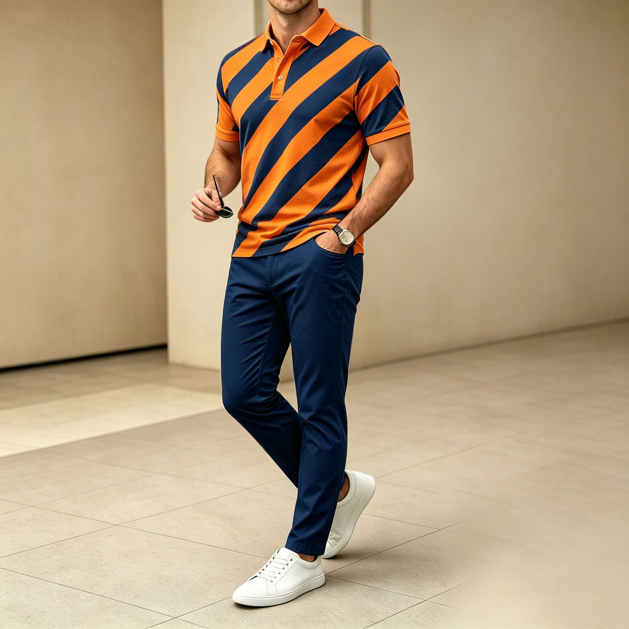 Conjunto de dos piezas casual Orange & Navy rayas estampado camisa polo And pantalón para hombre