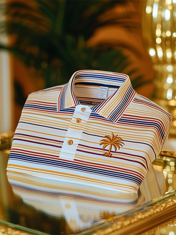 Camisa polo vintage ejecutivo Coconut Tree Logo rayas estampado de manga larga para hombre