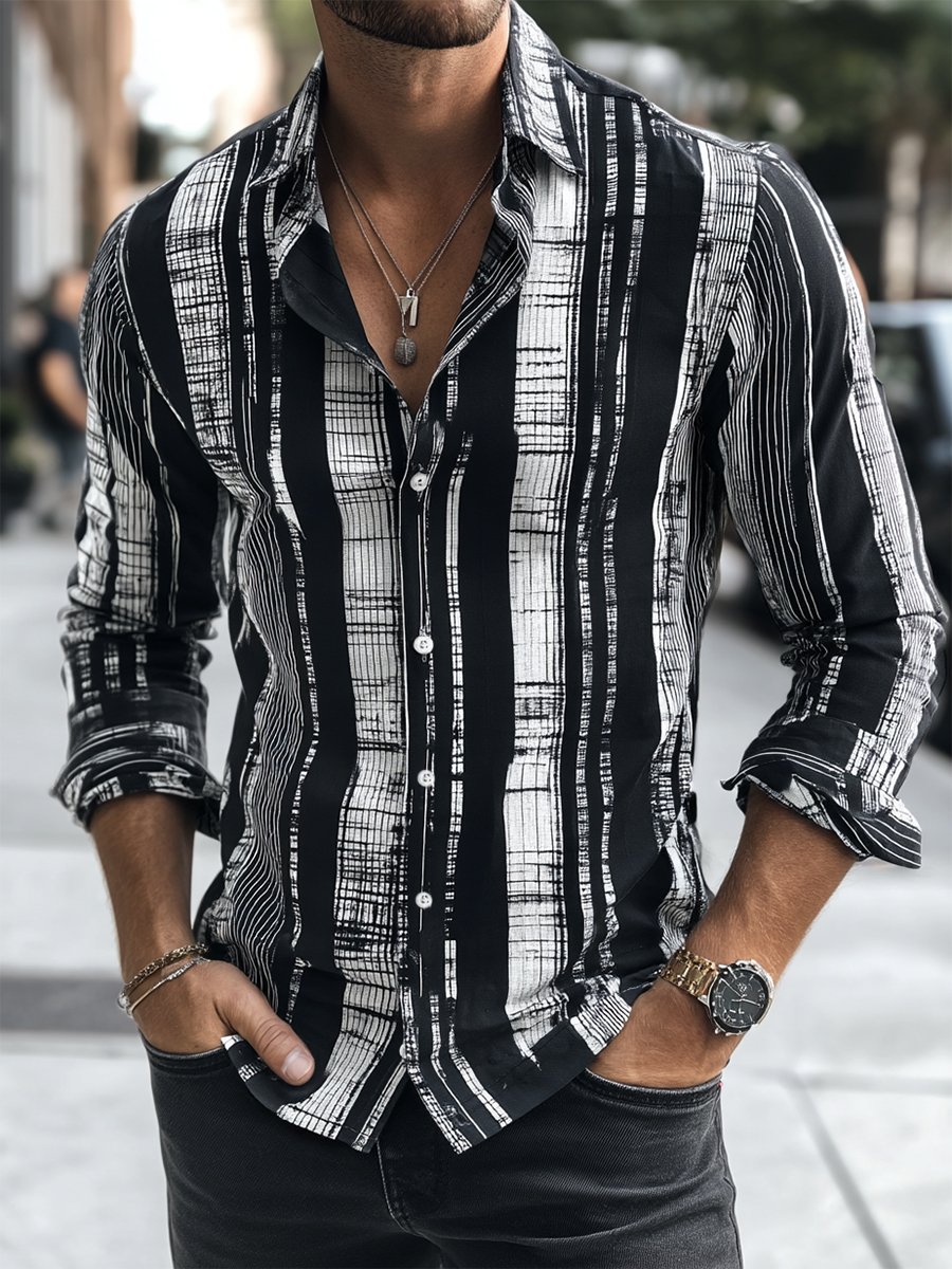 Camisa ejecutivo casual Strped estampado de manga larga para hombre