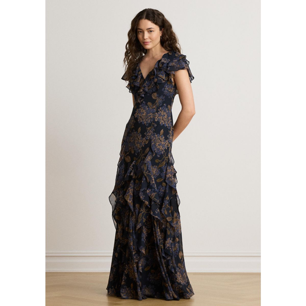Women's Floral Ruffle-Trim Georgette Gown - 1