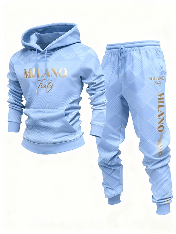 Conjunto de dos piezas casual Blue & Gold Color Geometric Pattern sudadera con capuchas de manga larga sudaderas & Sweatpantalón para hombre