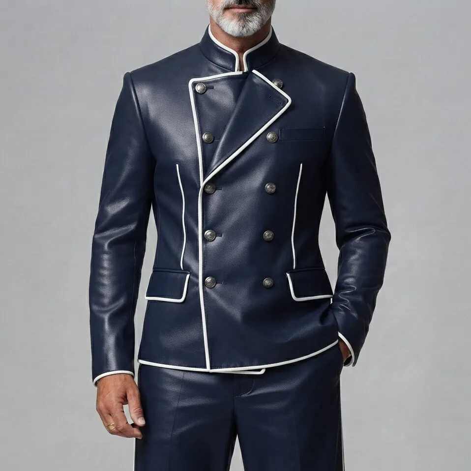 para hombre Navy Blue PU Leather Stand Collar Contrast Piping Double-Breasted chaqueta