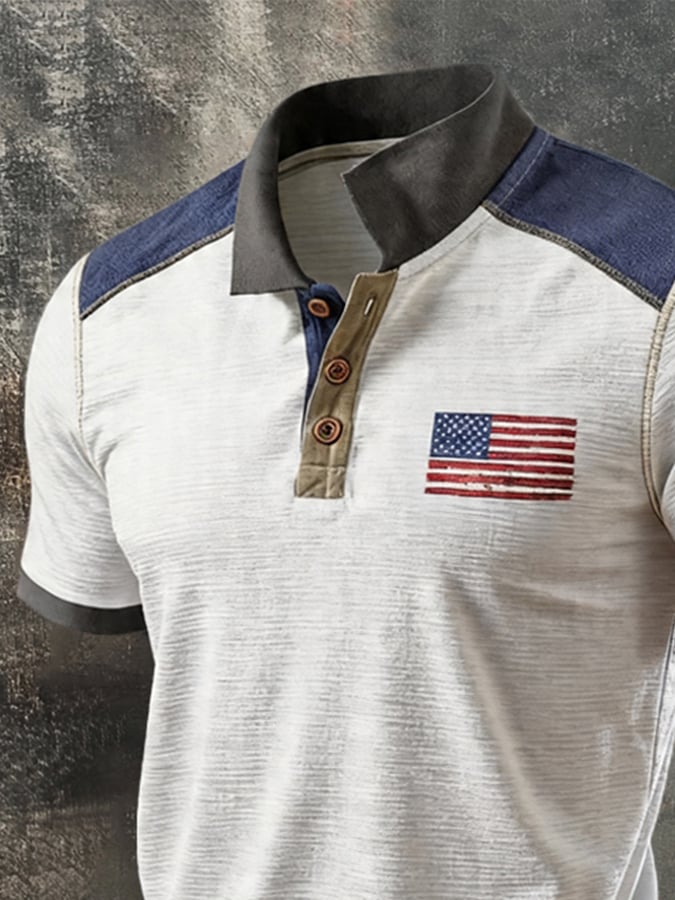 Camisa polo retro Patriotic Color-Block de manga corta para hombre