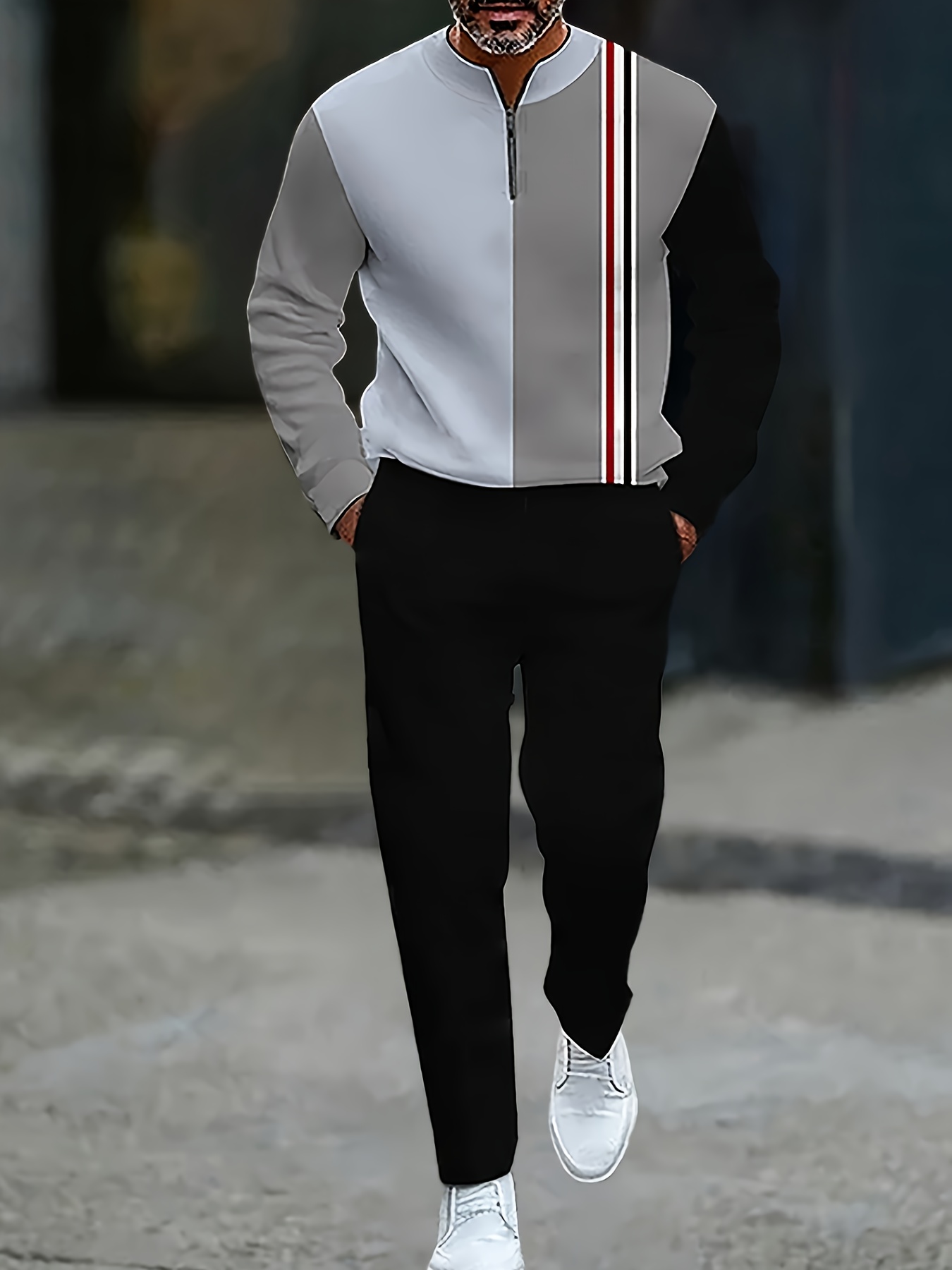 Conjunto de dos piezas Gray casual Color Matching estampado Round-Neck Zipper de manga larga Trousers Navy Blue para hombre