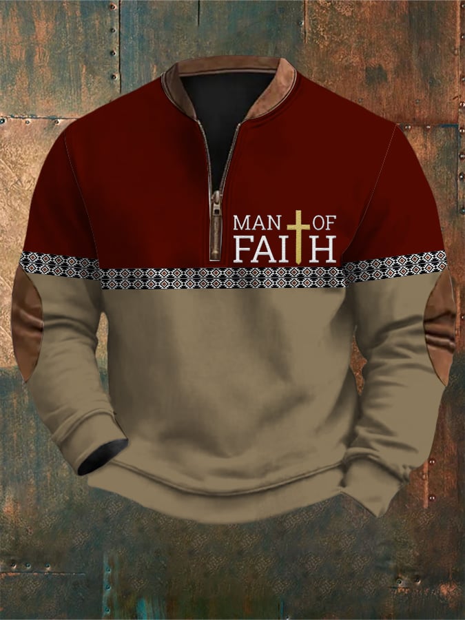 Sudadera retro Western Style Faith Cross estampado cierre Neck para hombre