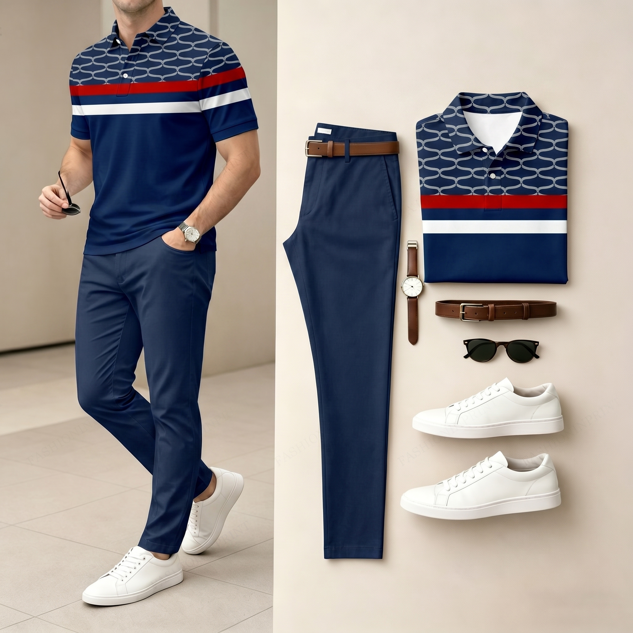Conjunto de dos piezas Navy Blue Color Matching a rayas estampado de manga corta camisa polo & pantalón para hombre