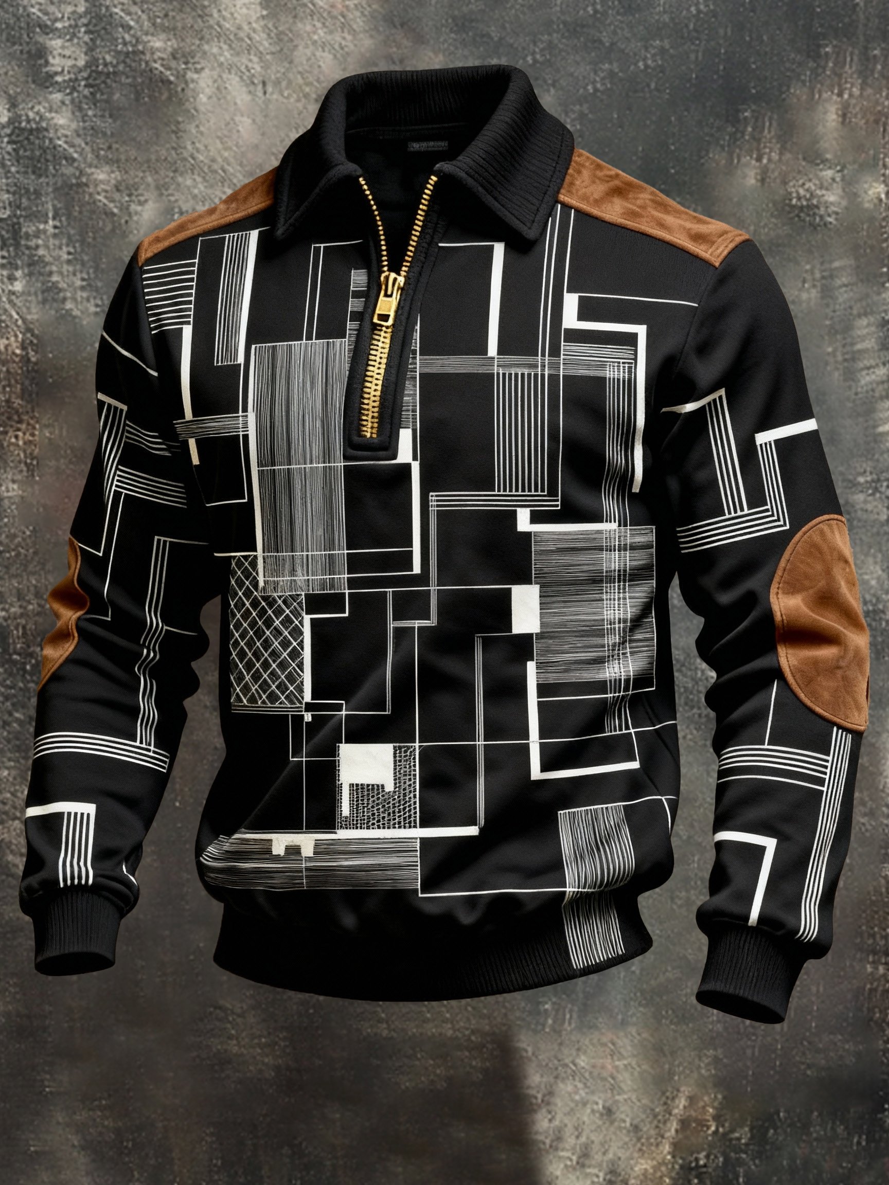 Sudadera vintage Color-Block estampado con cierre con gorrasucha para hombre
