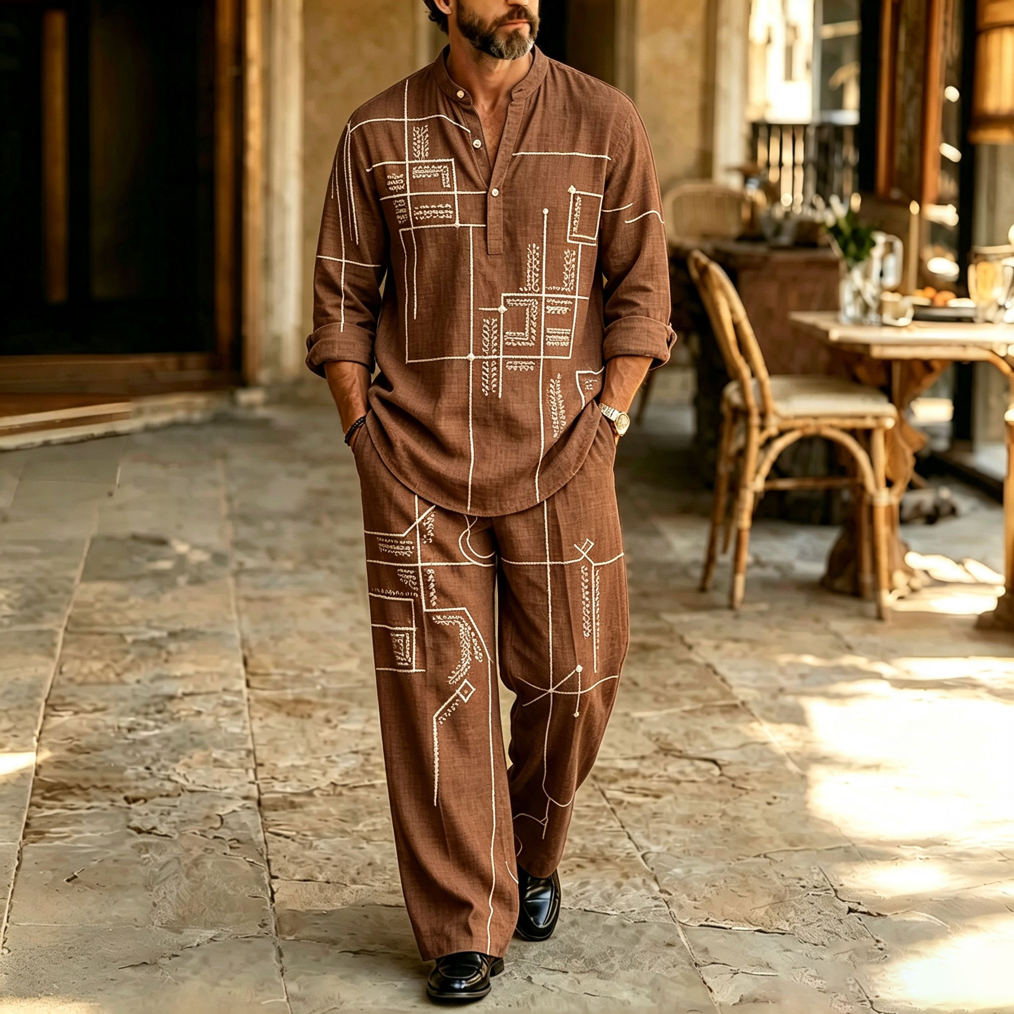 para hombre a rayas Print Stand-Collar camisa polo and pantalón Set