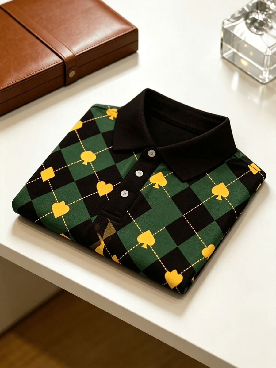 Camisa polo ejecutivo Colorblock a cuadros estampado para hombre