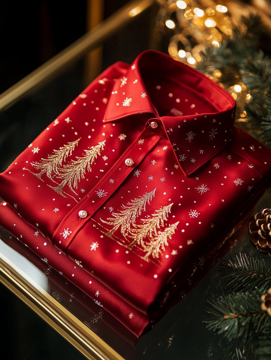 Camisa ejecutivo retro Christmas Evergreen Tree Snowflake estampado de manga larga para hombre