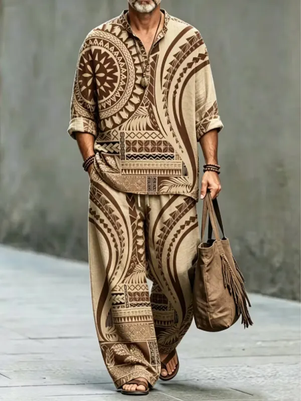 para hombre Boho Tribal Aztec Sun Wave Print Half Button de manga larga camisa pantalón 2pcs Set