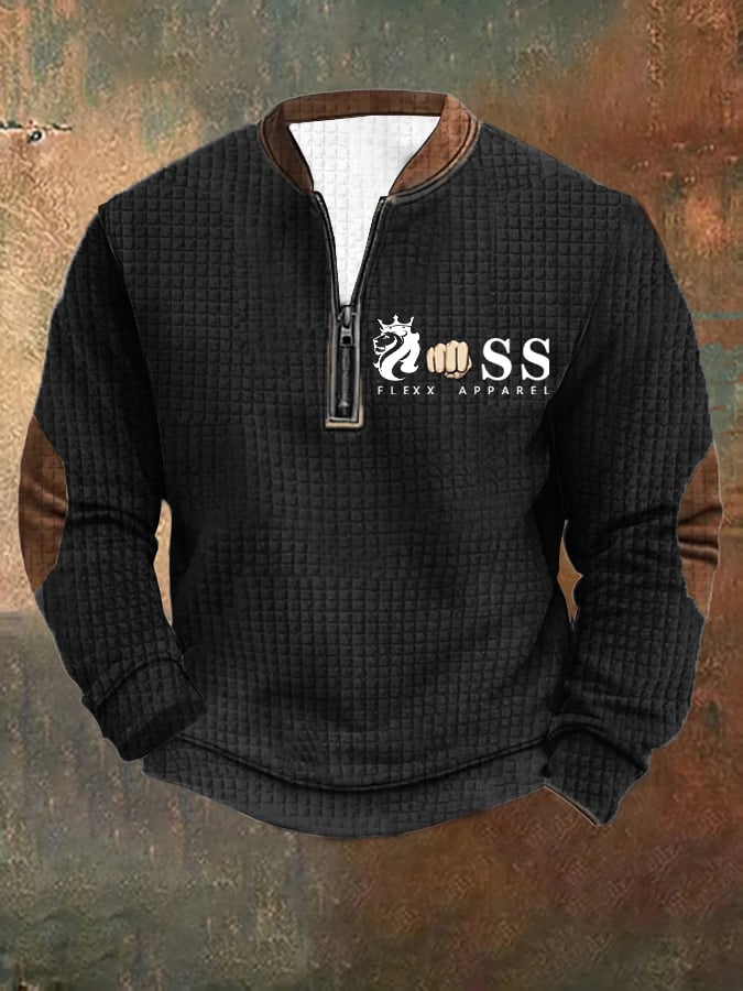 Sudadera retro Letter Design estampado cierre cuello Square jacquard para hombre