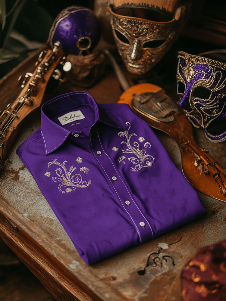 Camisa Purple Mardi Gras Theme de lujo de manga larga para hombre