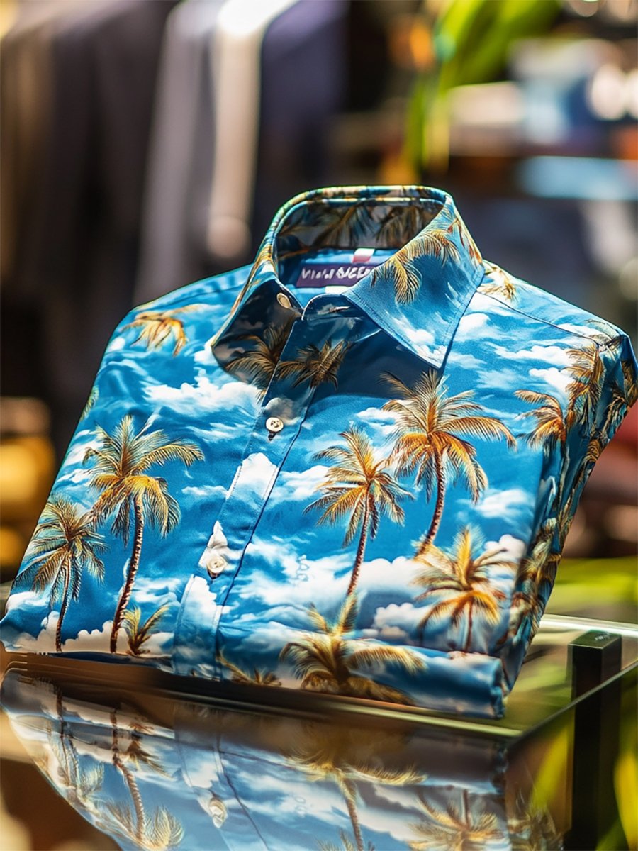 Camisa Vacation casual Wave Coconut Tree estampado de manga larga para hombre