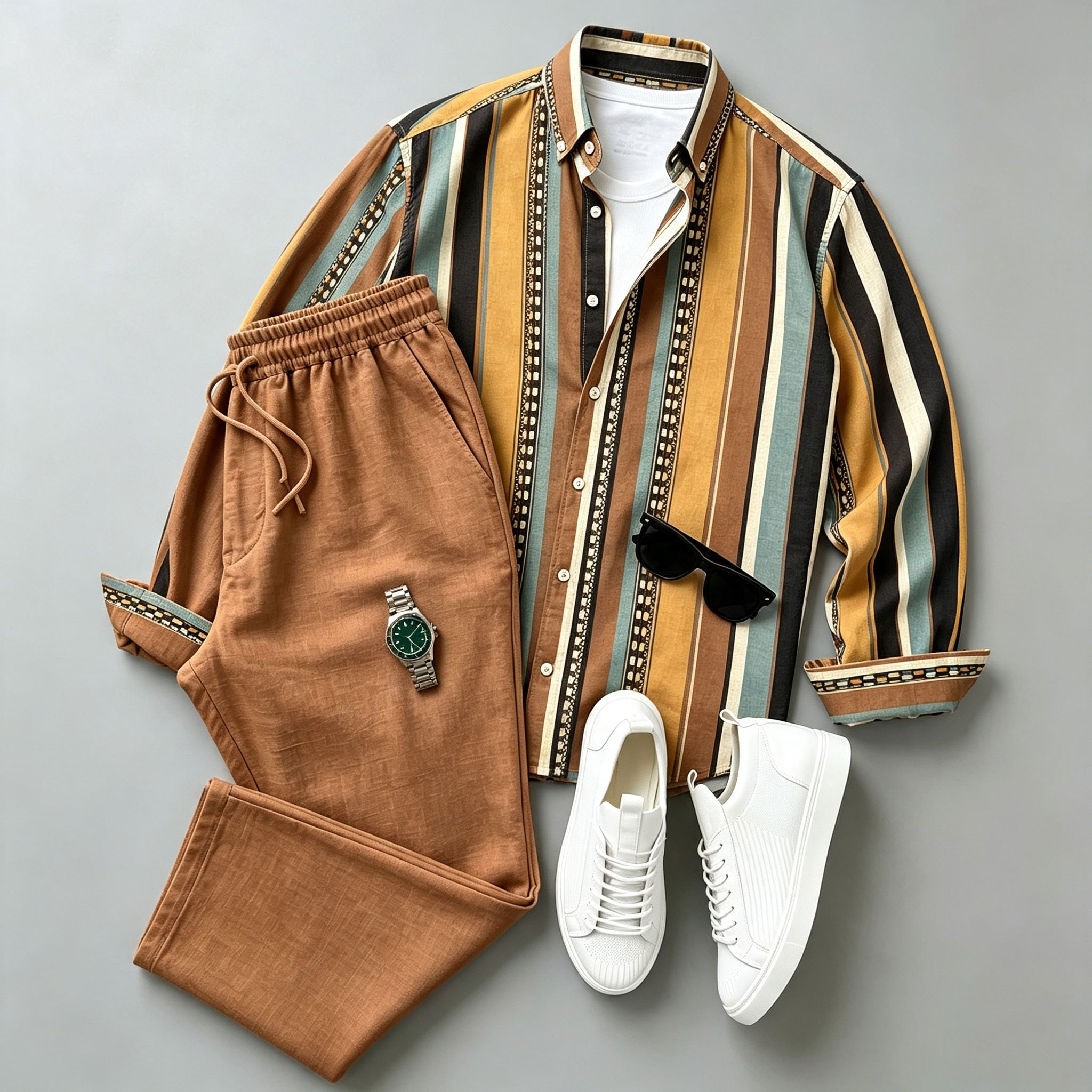 para hombre Color-Blocked a rayas de manga larga camisa and pantalón Set