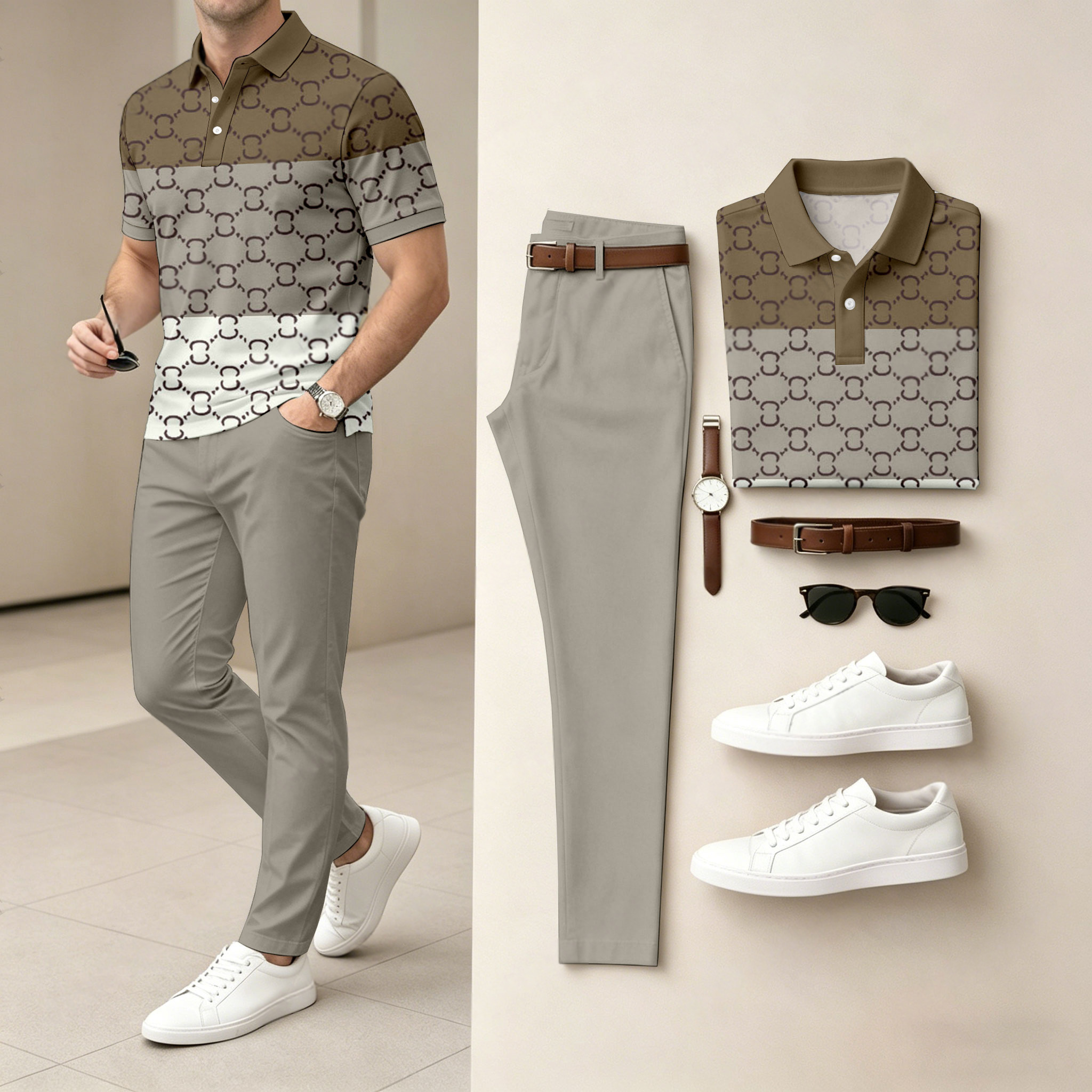 Conjunto de dos piezas casual Dark Brown & Gray a cuadros estampado camisa polo And pantalón para hombre