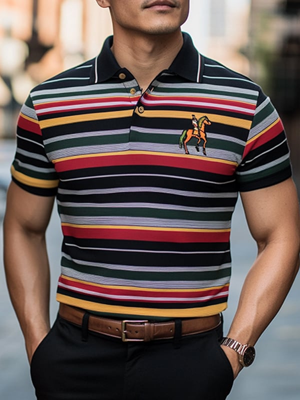 Camisa polo ejecutivo rayas Logo con botones de manga corta para hombre