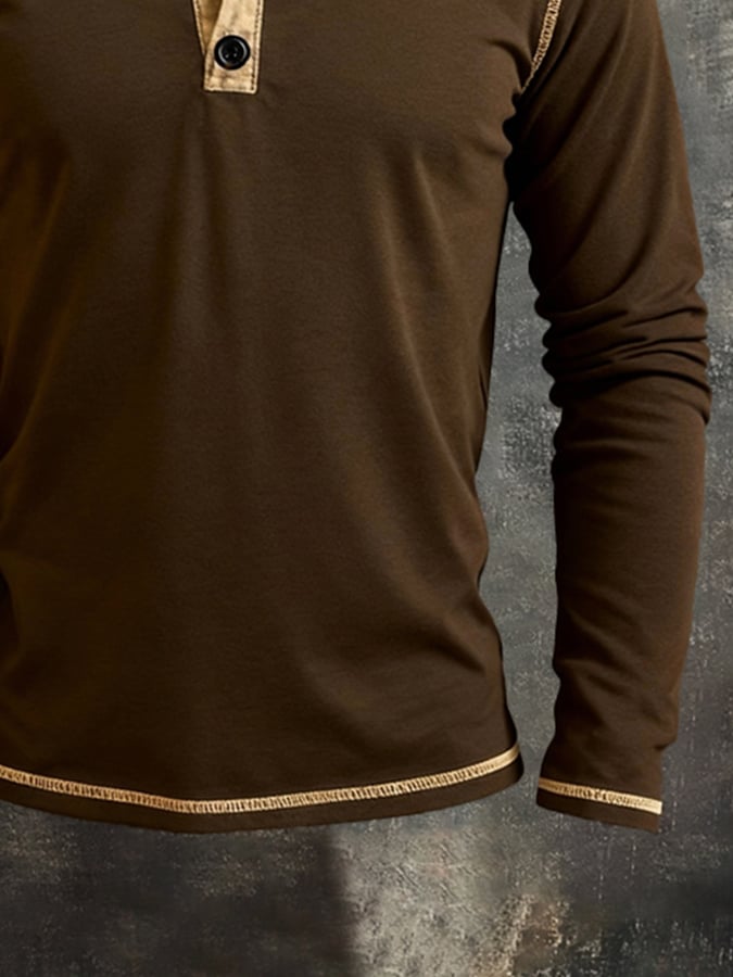 Camiseta retro Stitching Contrast Color Henley cuello de manga larga para hombre