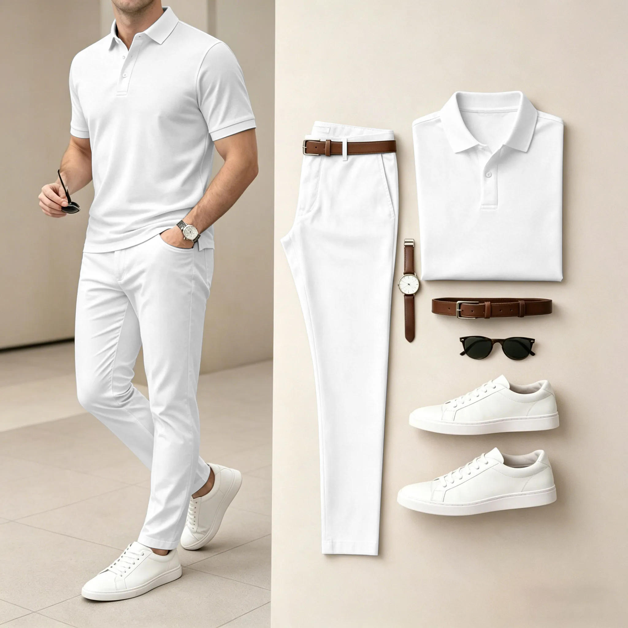Conjunto de dos piezas casual White estampado camisa polo And pantalón para hombre