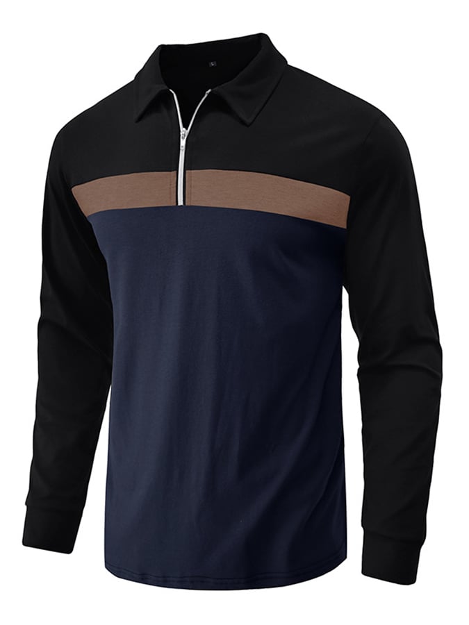 Camisa polo Colorblock cierre de manga larga para hombre