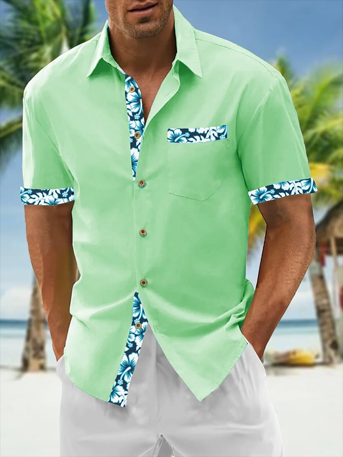 Camisa Resort Style Contrast estampado casual de manga corta para hombre
