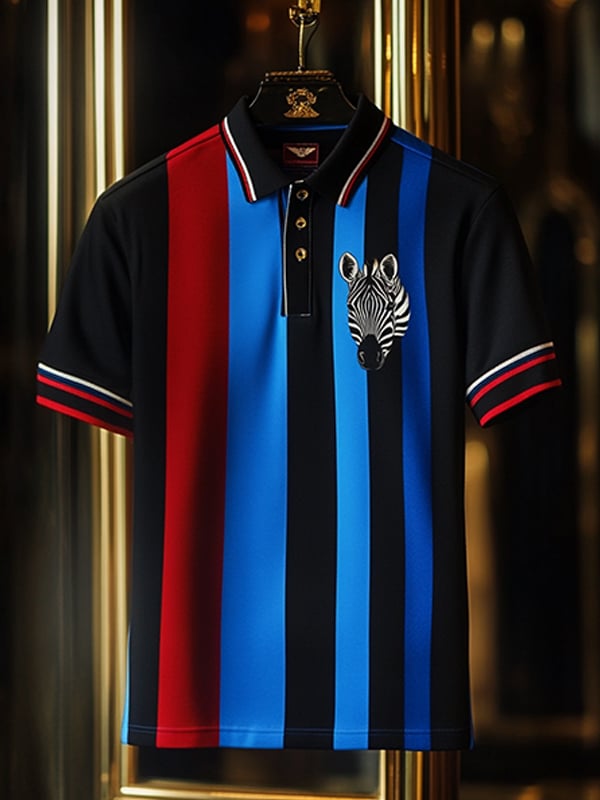 Camisa polo ejecutivo rayas Logo con botones de manga corta para hombre