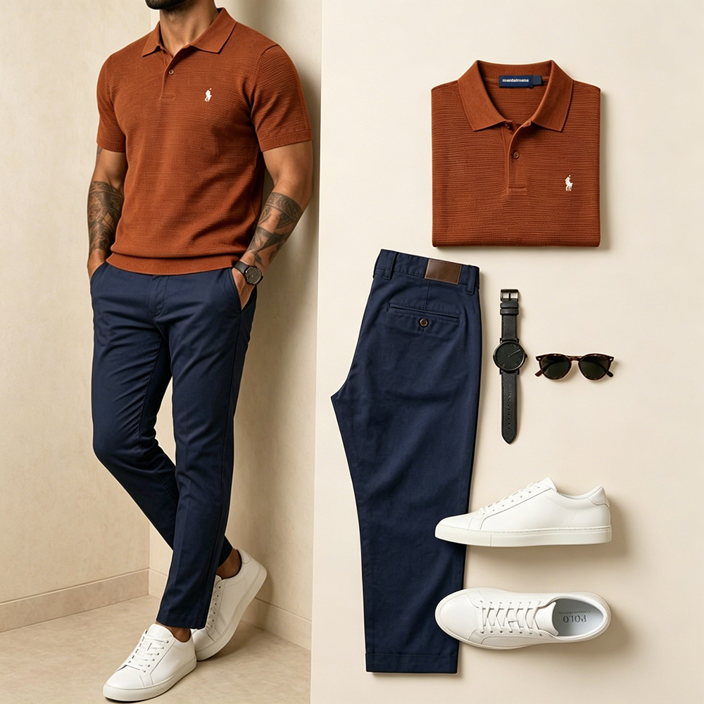 Camisa polo Light ejecutivo tejido tipo waffle Small Pony Embroidery And de corte entallado Chino pantalón Two-Piece Matching Set para hombre
