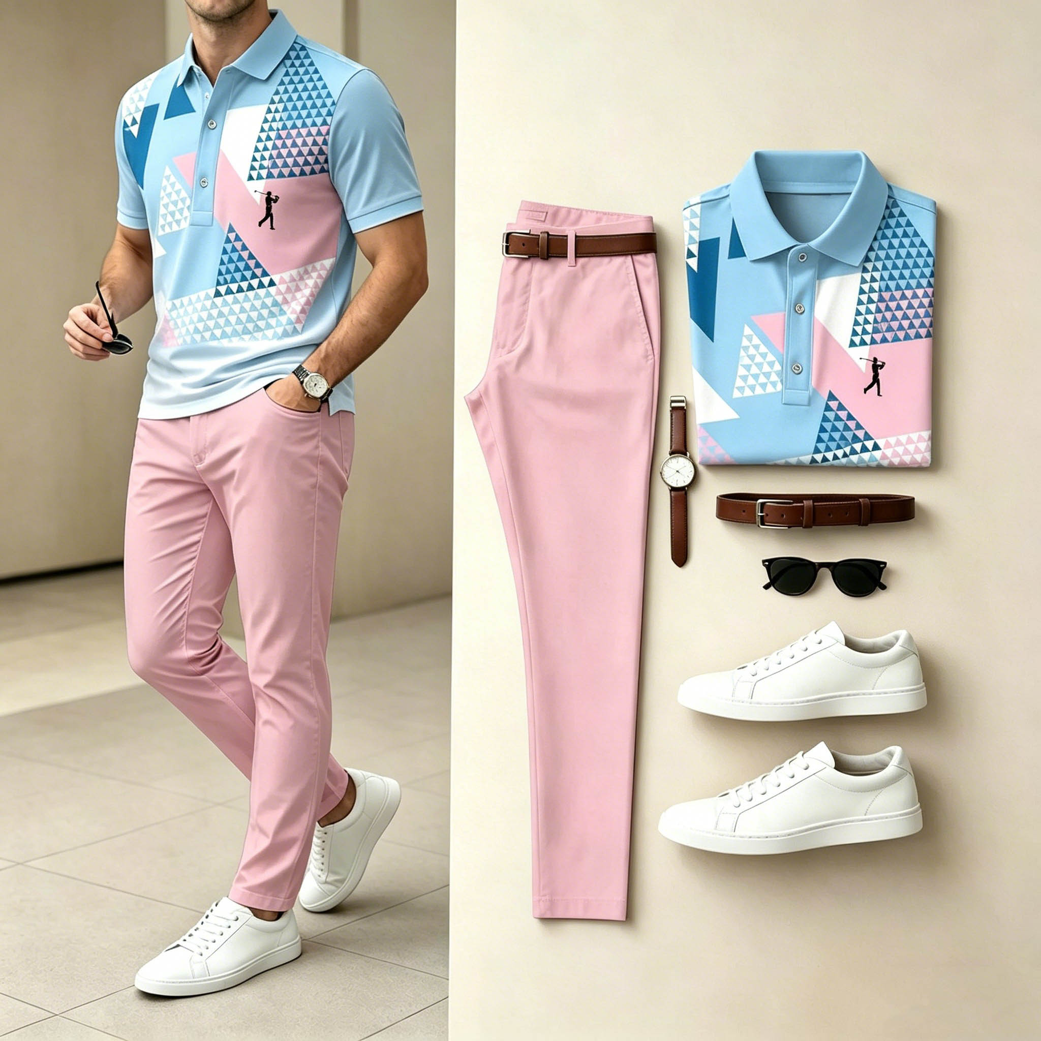 Conjunto de dos piezas casual Blue Pink Triangle estampado camisa polo & pantalón para hombre