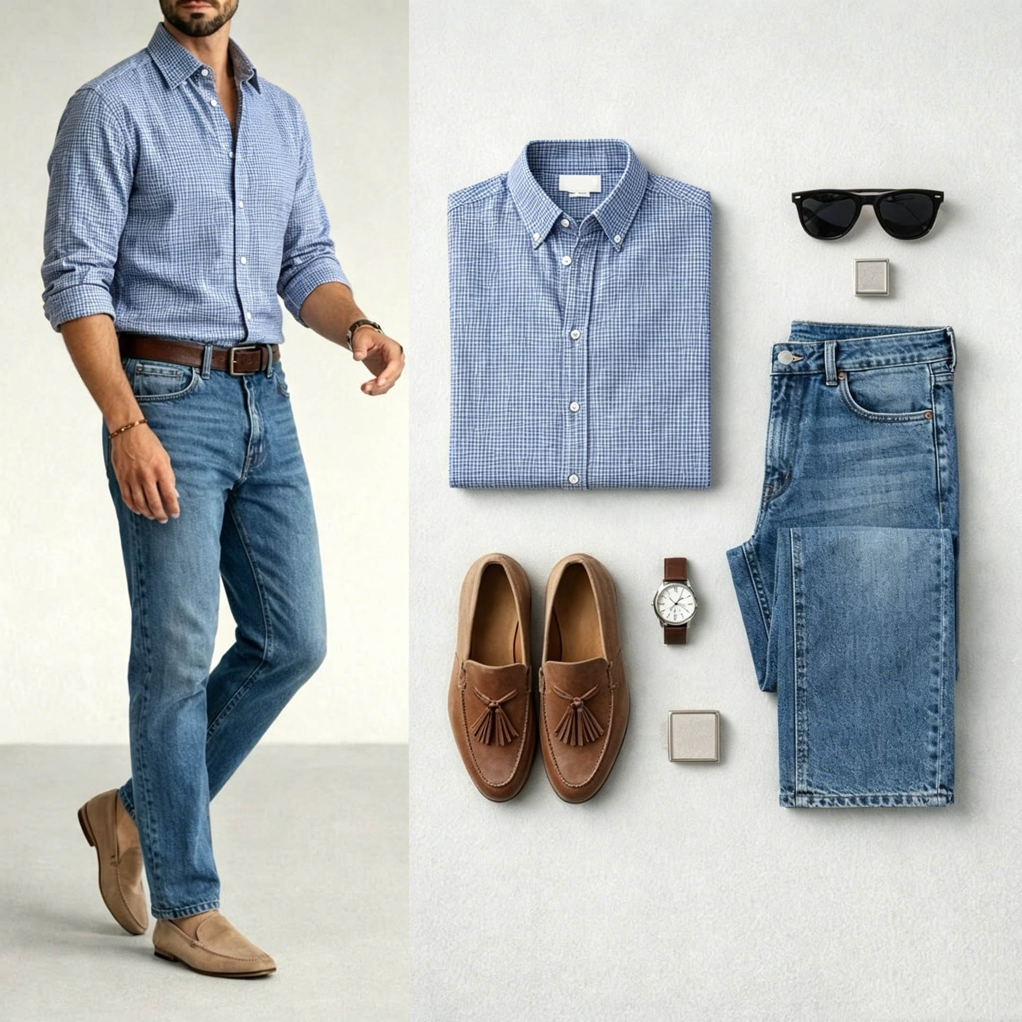 Conjunto de dos piezas Navy Blue Color Matching retro Style a cuadros estampado Lapel Collar de manga largas camisa & Jeans para hombre