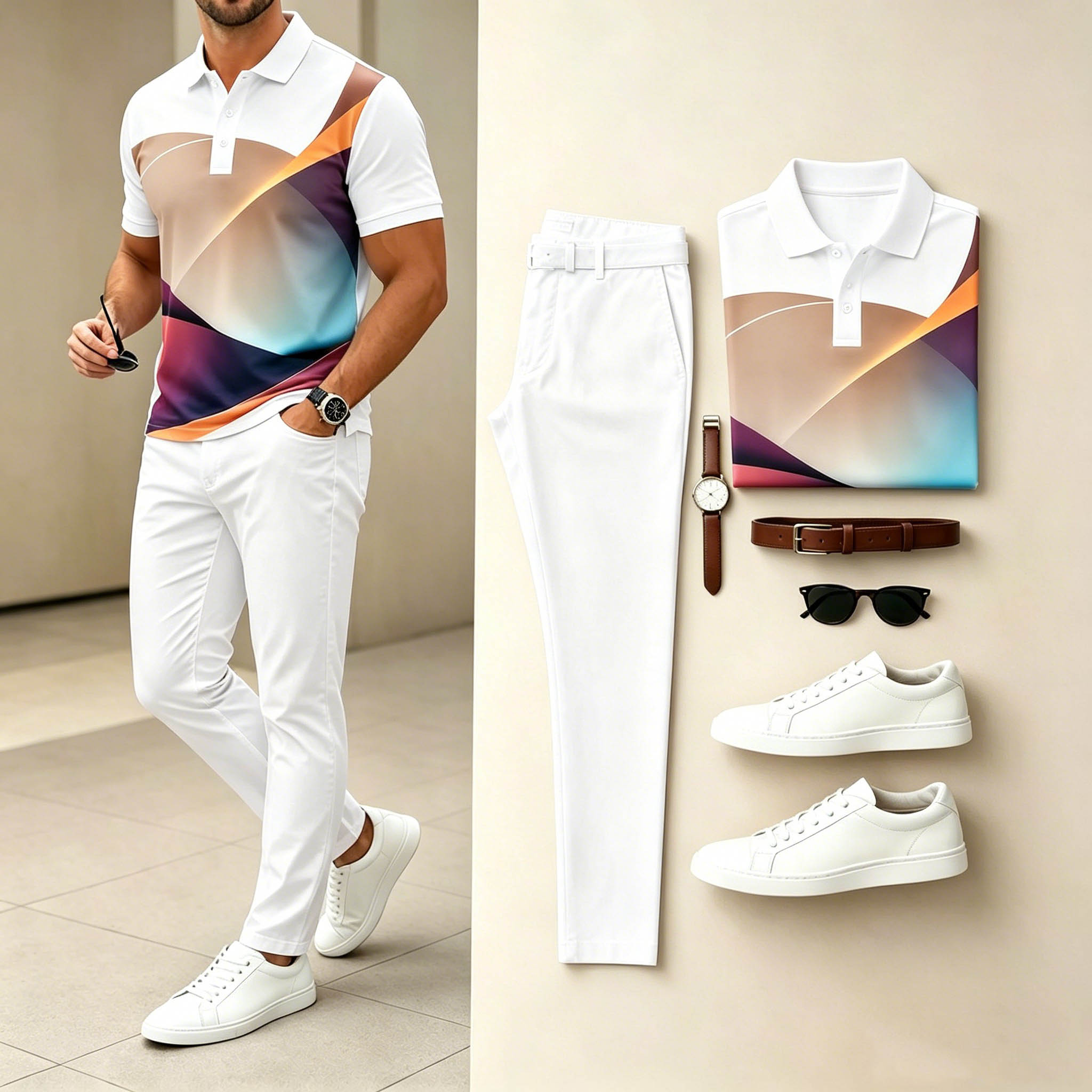 Conjunto de dos piezas casual Rainbow Gradient Curve estampado camisa polo & White pantalón para hombre