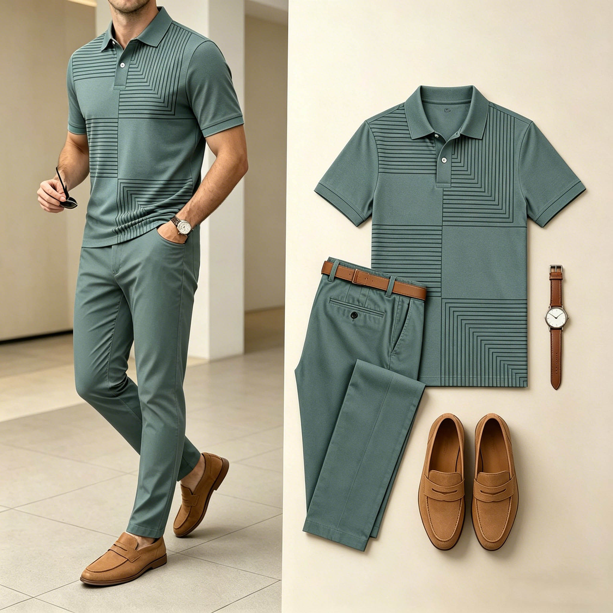 Conjunto de dos piezas ejecutivo Geometric Square Line estampado camisa polo And pantalón para hombre