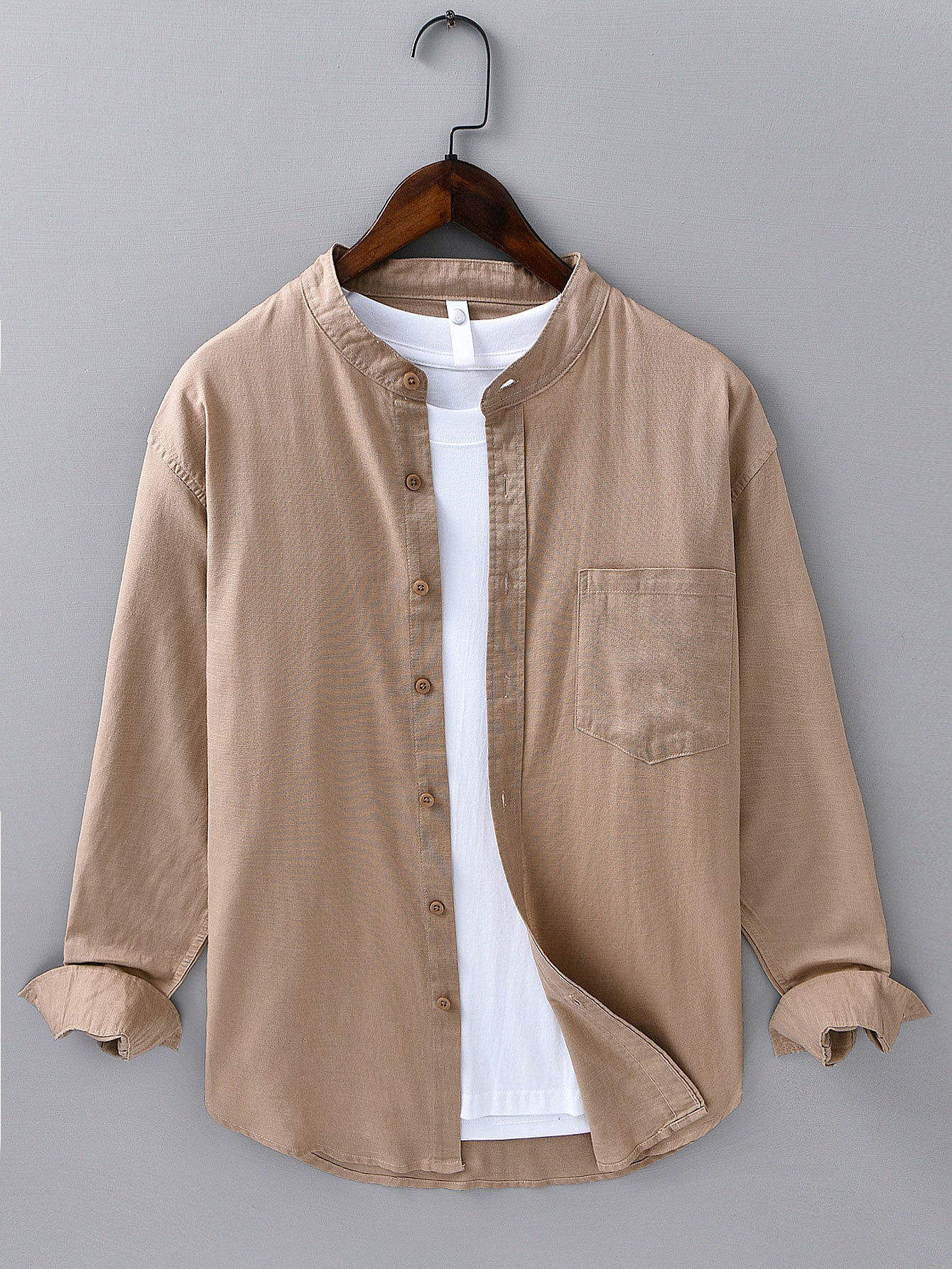 Camisa de manga larga de lino de algodón Stand Collar With Pocket