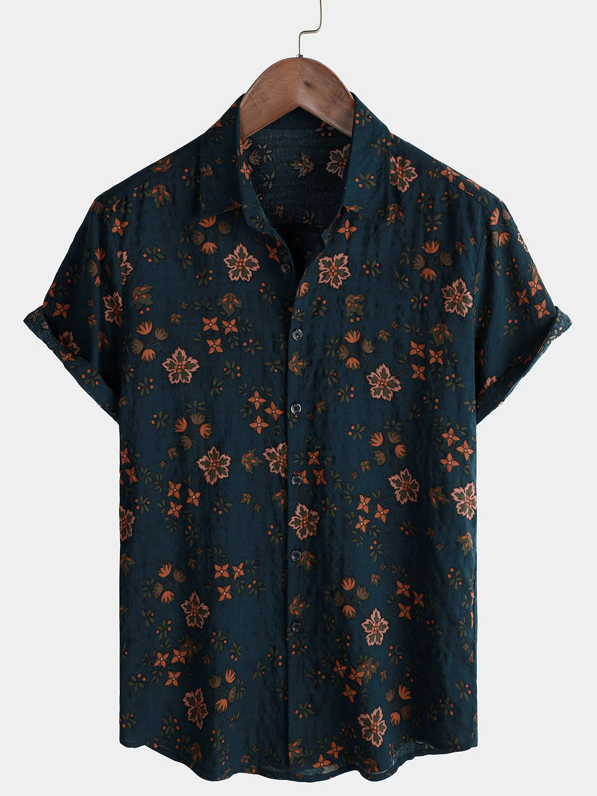 Camisa Summer floral Navy Blue Button Up de manga corta de algodón para hombre